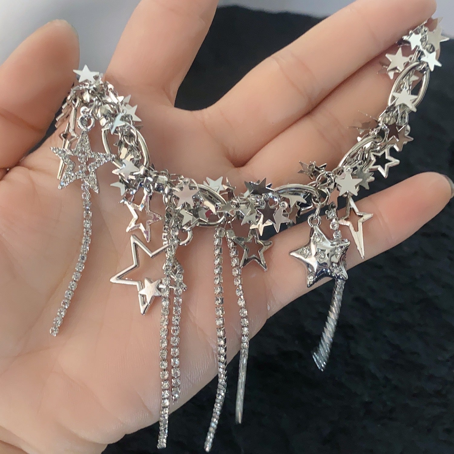 Silver pentagram multi-layered stacked tassel star sequin necklace collarbone chain