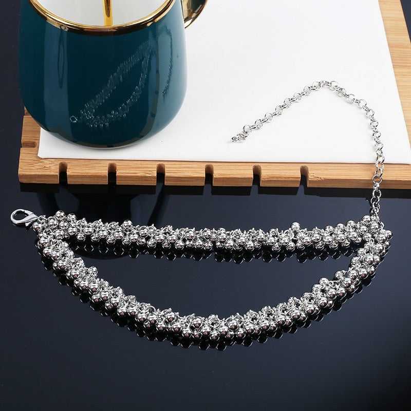 Metal ball necklace crescent double chain necklace female Europe and the United States wind personality collarbone chain silver beads