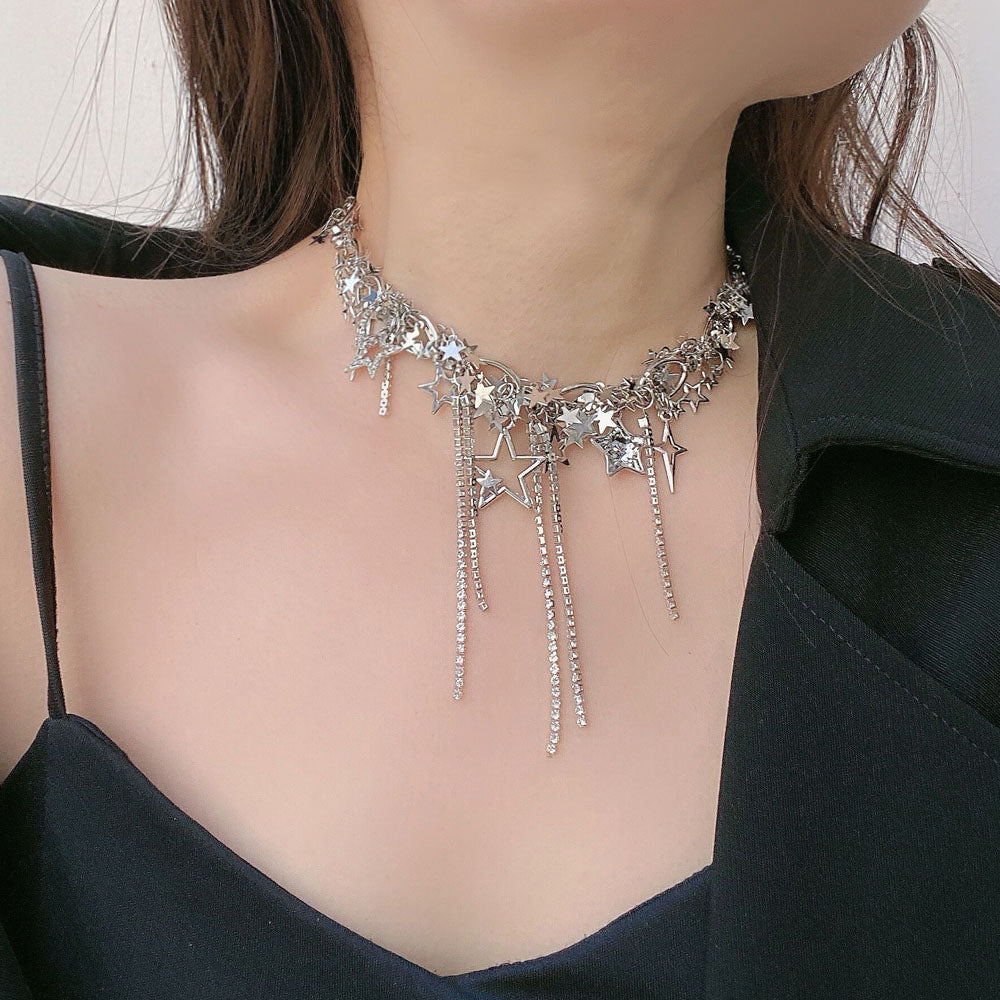 Silver pentagram multi-layered stacked tassel star sequin necklace collarbone chain